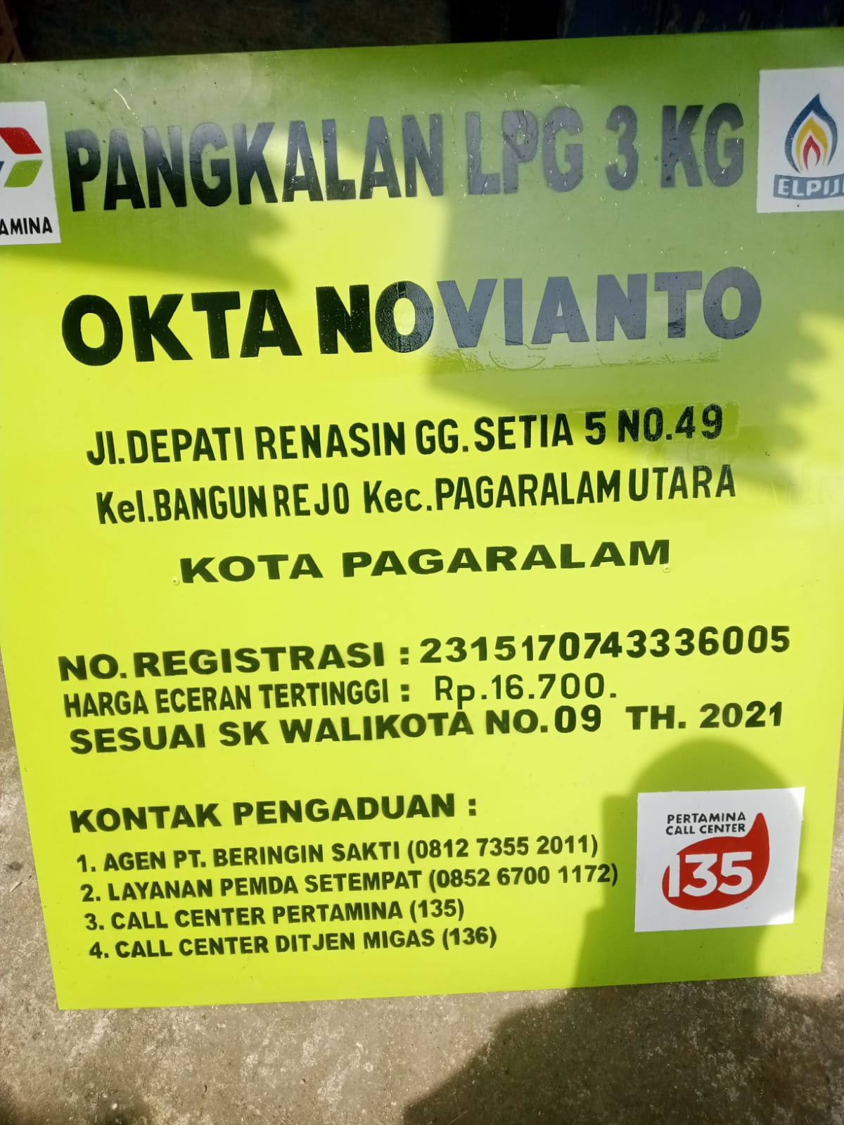 Okta Pangkalan LPG Reklame